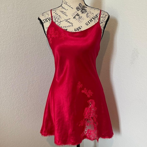 Victoria's Secret Other - Victoria's Secret Red Satin Lace Trim Mini Slip Dress Open Back S Romantic Y2K